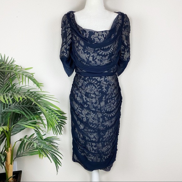 Tadashi shoji blue embroidered mesh cascade dress - Picture 1 of 6